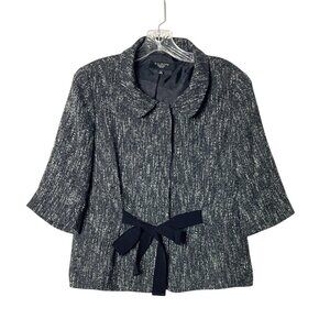 Talbots Petite Women's Black & White Textured Tweed Jacket 3/4 Sleeves Bow Belt